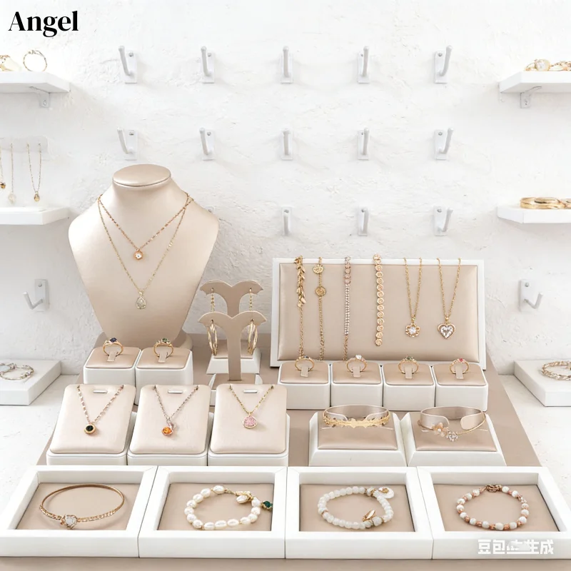 Jewelry Display Set in Champagne Leather, Multi-Piece Showcase for Necklace Bracelet Ring & Bangle, Mall Counter & Video Prop