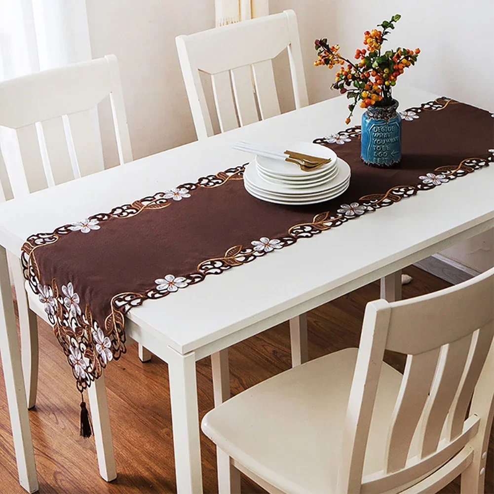 Decorative Rectangle Tablecloth for For runner with Embroidery and Hollow Art Detail for Dining and Side Tables