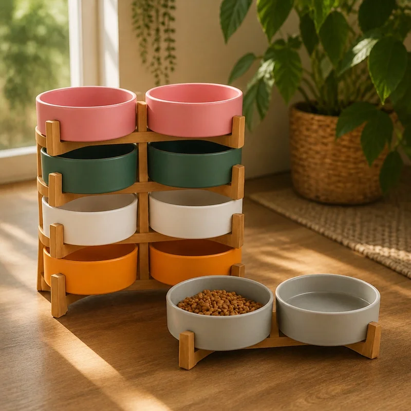 Ceramic Double Bowls Set with Wooden Holder - Anti-Spill Food and Water Dish for Cats and Small Dogs