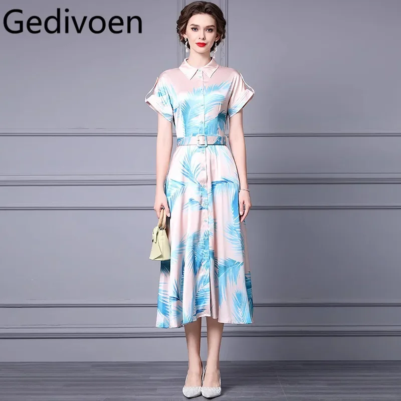 

Gedivoen Summer Fashion Runway Designer Dress Women Bohemian Print Beach Temperament Sashes Single Breasted Medium length Dress