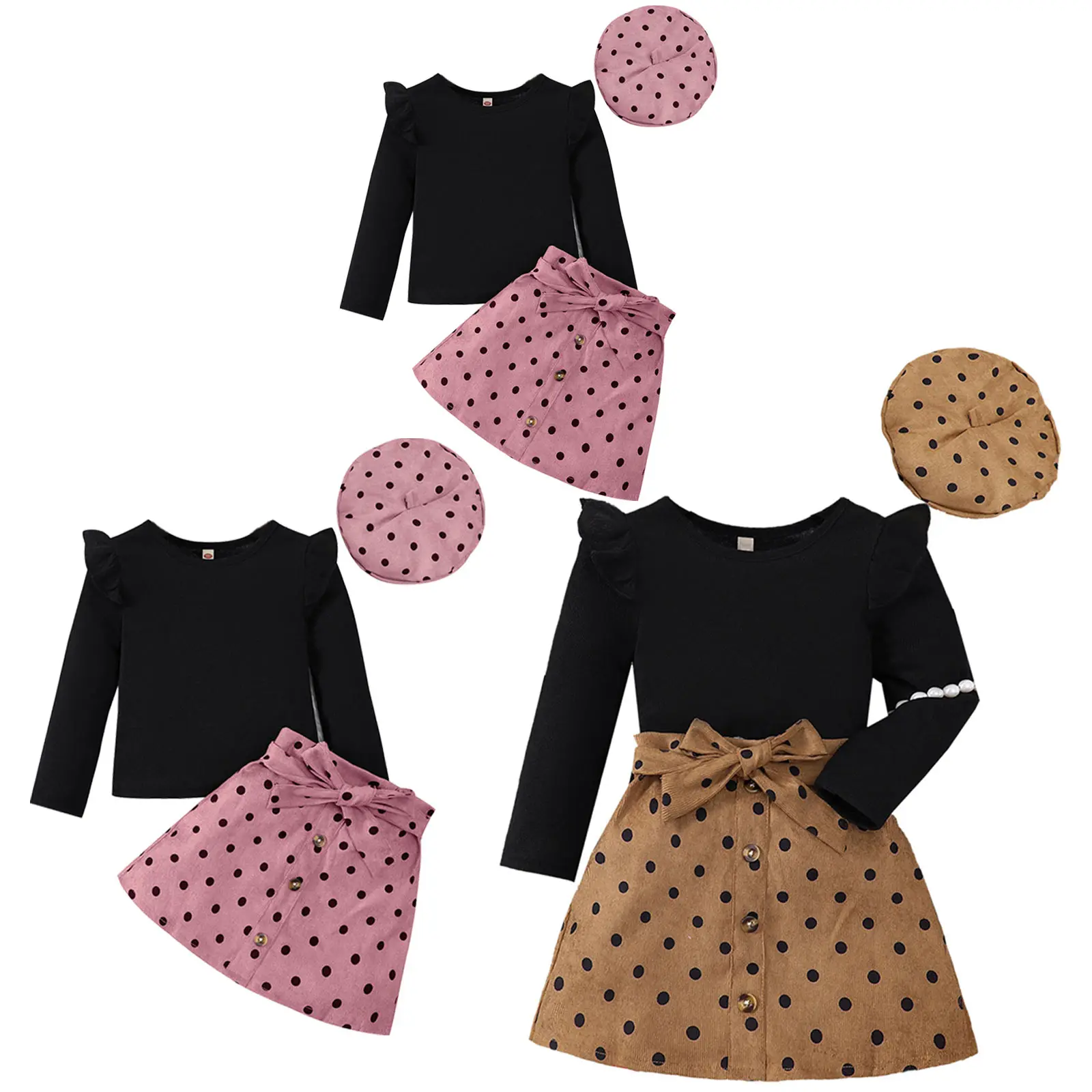 Toddler Baby Girls Ribbed Long Sleeve Tops with Polka Dot Skirt And Beret Hat Birthday Party Holiday Fall Winter Clothes Outfits