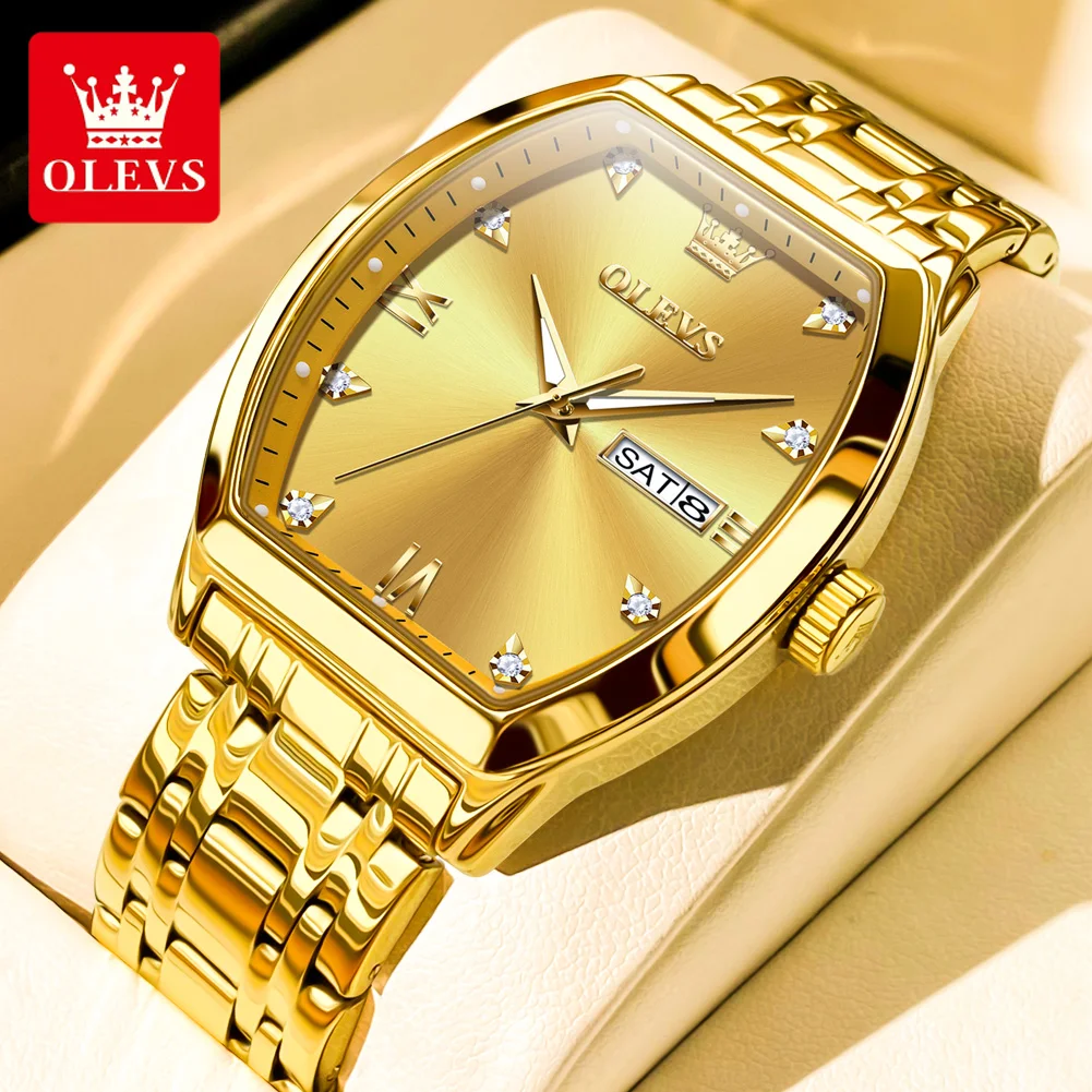 OLEVS Brand Fashion Tonneau Dial Quartz Watch for Men Stainless Steel Waterproof Luminous Week Date Watches Relogio Masculino