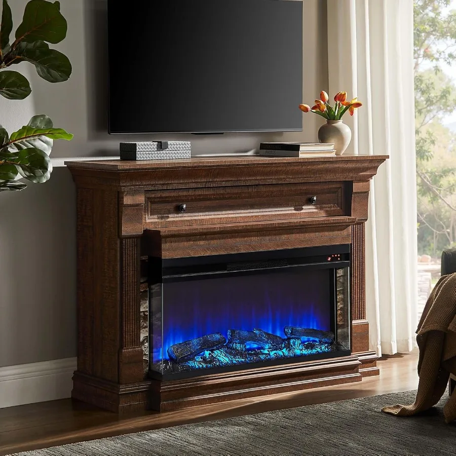 Lareira elétrica de 52 polegadas com lareira e suporte de TV com aquecedor elétrico de vidro de 3 lados de 36 polegadas, ideal para sala de estar Ambia