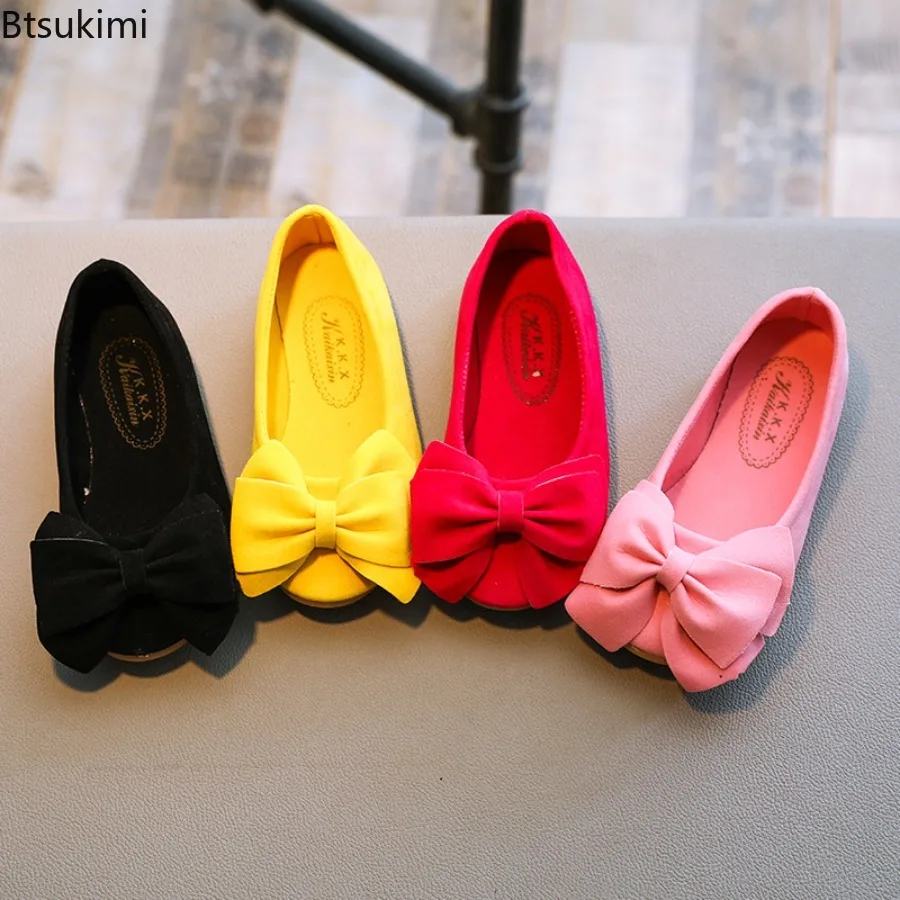 Spring Girl's Princess Shoes Sweet Fashion Bowtie Leisure Children Loafers Slip-on All-match Four Colors Kids Flat Shoe 21-30