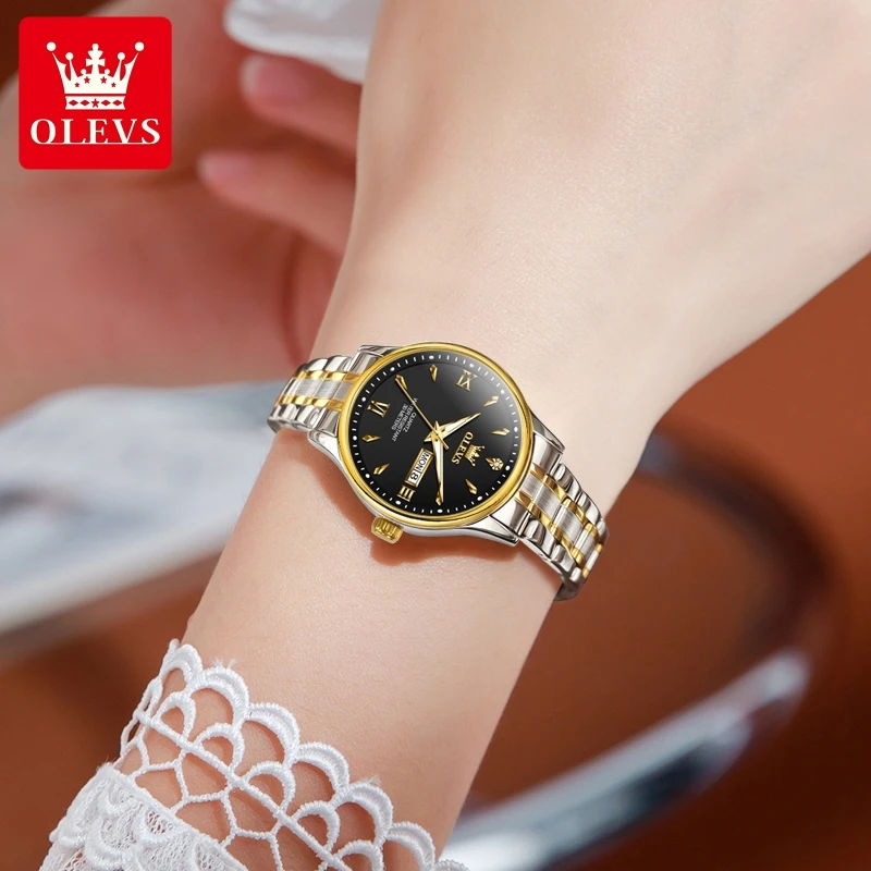 OLEVS jam tangan kuarsa wanita, arloji 9806 dengan minggu dan kalender