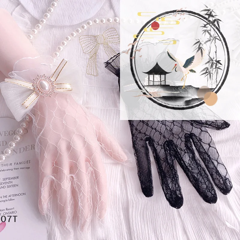 اليدوية لوليتا قفازات برباط أسود أبيض شبكة القوس زهرة قفازات برباط النساء الفتيات تأثيري زي اكسسوارات قفازات وقفازات #1