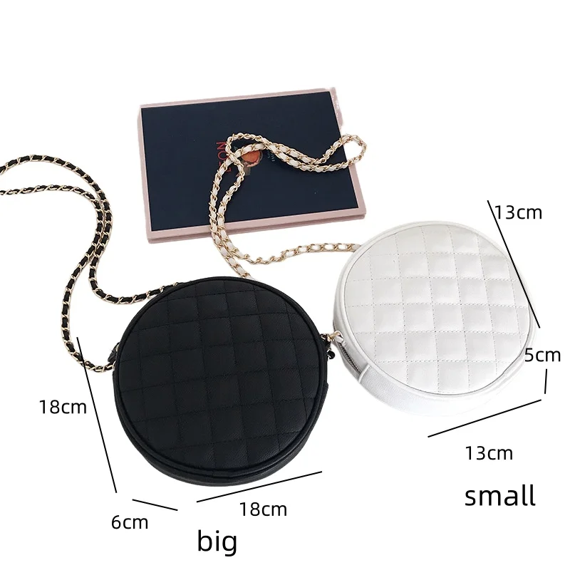 Casual Women\'s Crossbody Bags Fashion PU Leather Chain Mini Round Bag Simple Rhombic Pattern Handbags for Female Black White