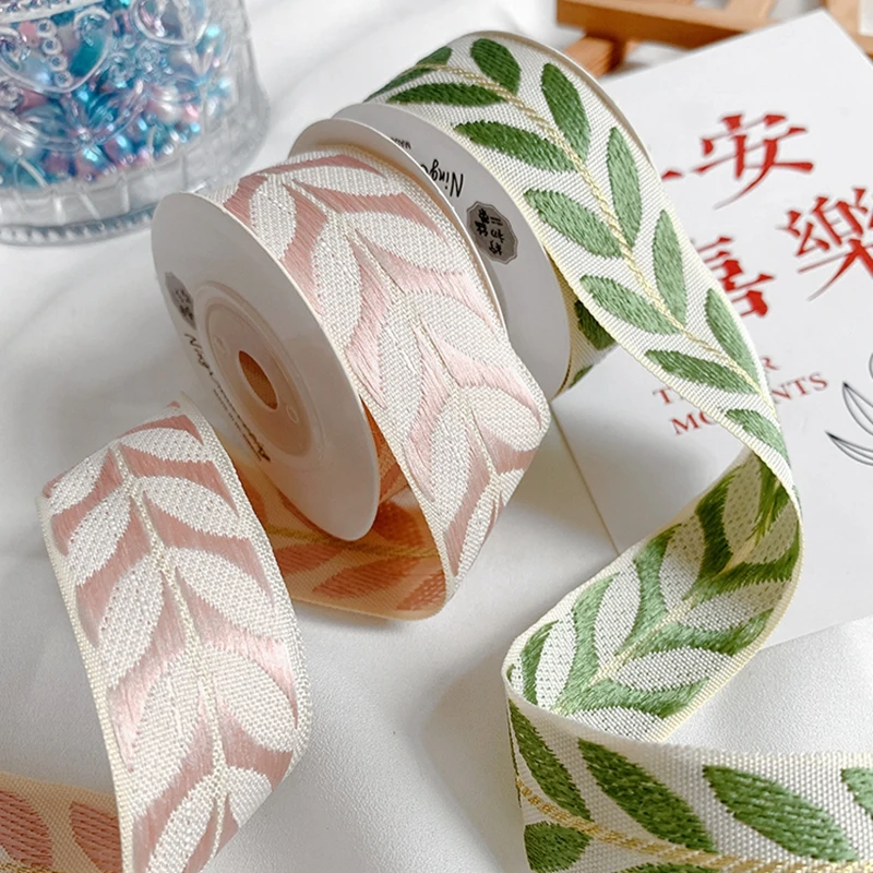 Leaf Embroidery With Ribbon Bouquet Packaging Ribbon Diy Material Webbing Sewing Ribbon Belt For Bag 25mm