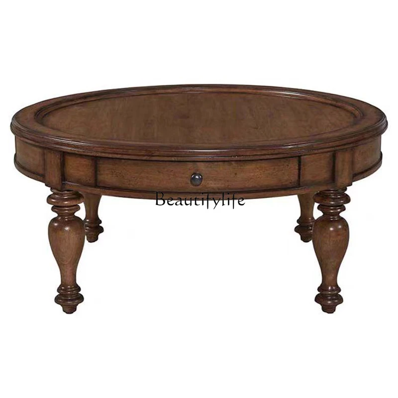 

American Retro Solid Wood Round Coffee Table European Antique Style Coffee Table French Style