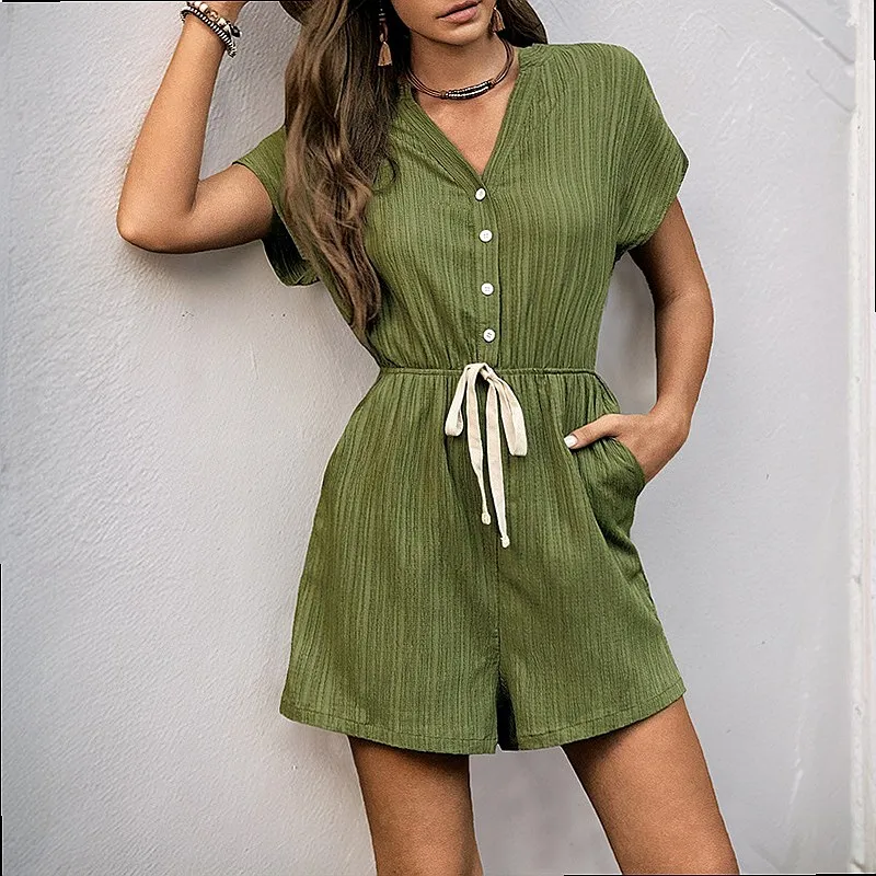 V Neck Pleated Jumpsuit for Women Summer One Piece Wide Leg Pants Overall Romper Playsuit Casual Fashion Jumpsuits