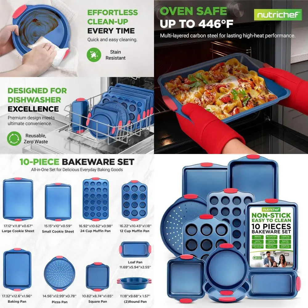 

10-Piece Nonstick Bakeware Set - Carbon Steel Pans with Silicone Handles - Pizza Tray, Muffin Pans, Cookie Sheets, and Loaf Pan