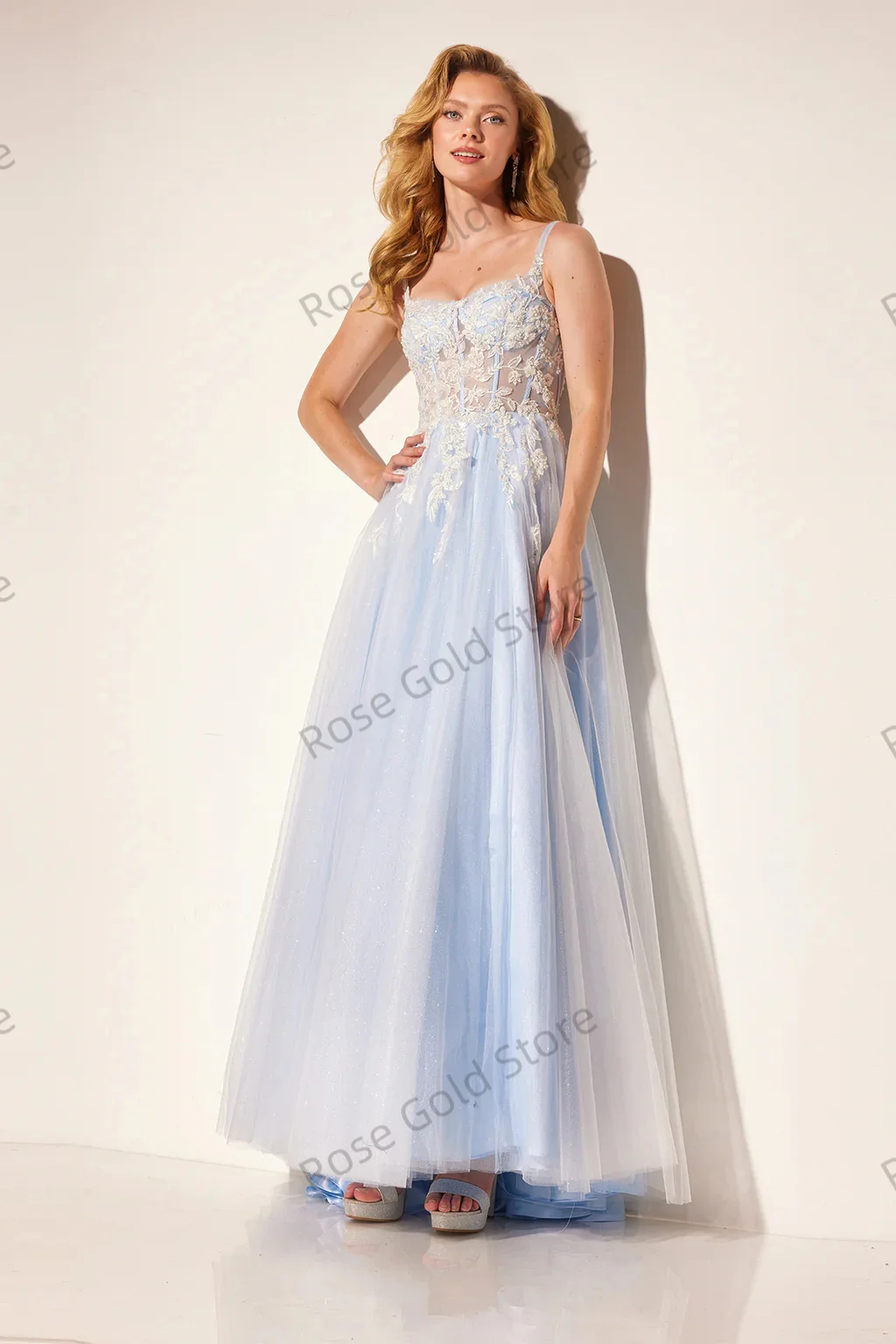 Rose Illusion Light Blue Dresses New A Line Square Collar Lace Vestidos de Gala Shiny Tulle Sleevless Evening Gowns Customized