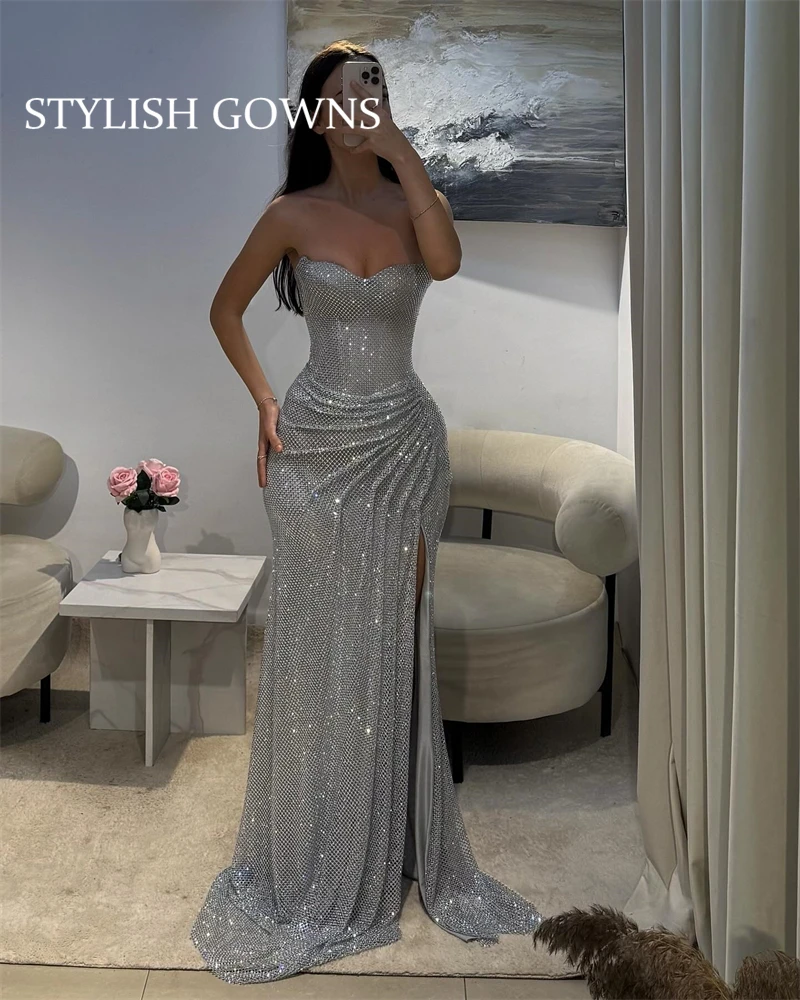 

Блестящие платья для выпускного вечера без бретелек по индивидуальному заказу, без рукавов с разрезом по бокам, платья de noiva, вечернее платье длиной до пола, Русалка