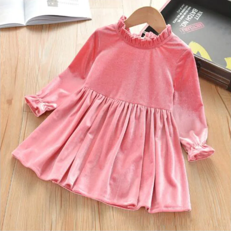 Dress young girls 2-9year old gold velvet spring and autumn Frock  thickened 2022 fashion new Korean version children\'s clothing