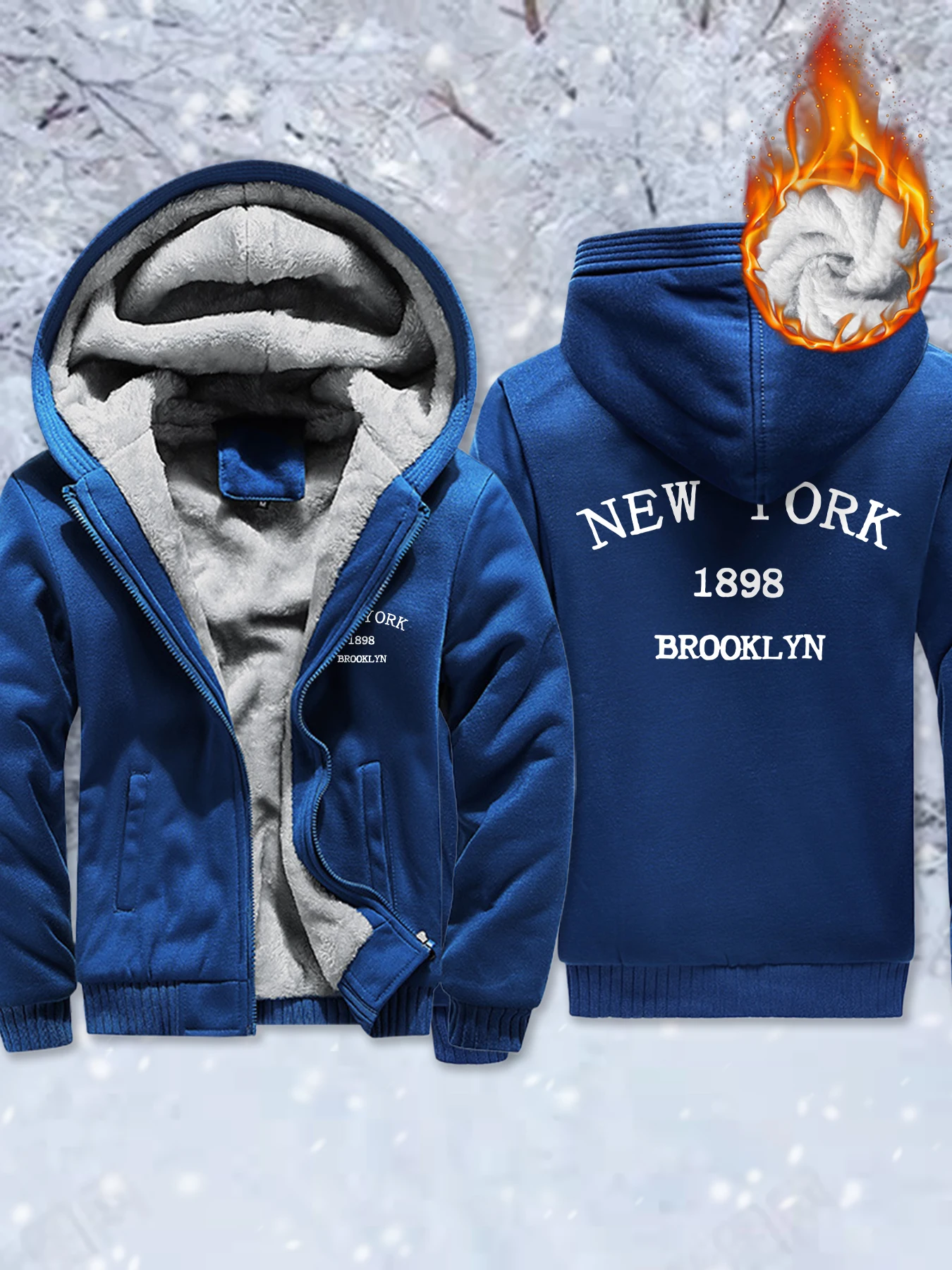 

New York Brooklyn 1898 Pattern Unisex Fleece Soft Jackets Comfy Warm Streetwear Winter Thicken Veste Pocket Zip-Up Hoodie Mens
