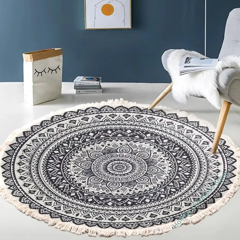 Hand Woven Cotton Linen Round Bohemian Rug, Retro Mandala Geometric Tassel Floor Mat for Bedside Living Room Indoor Home Decor