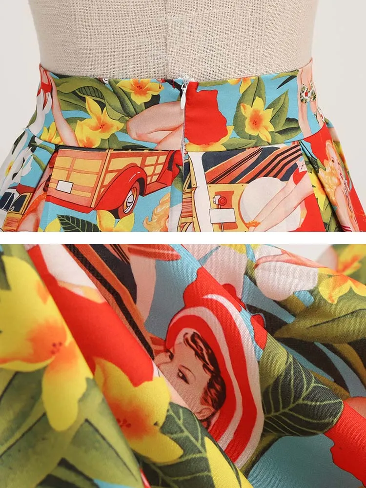 المرأة الأزهار طباعة تنورة الصيف ، ارتفاع الخصر ، سوينغ 50s ، الرجعية ، روكابيلي ، ميدي ، التنورات مطوي ، خمر