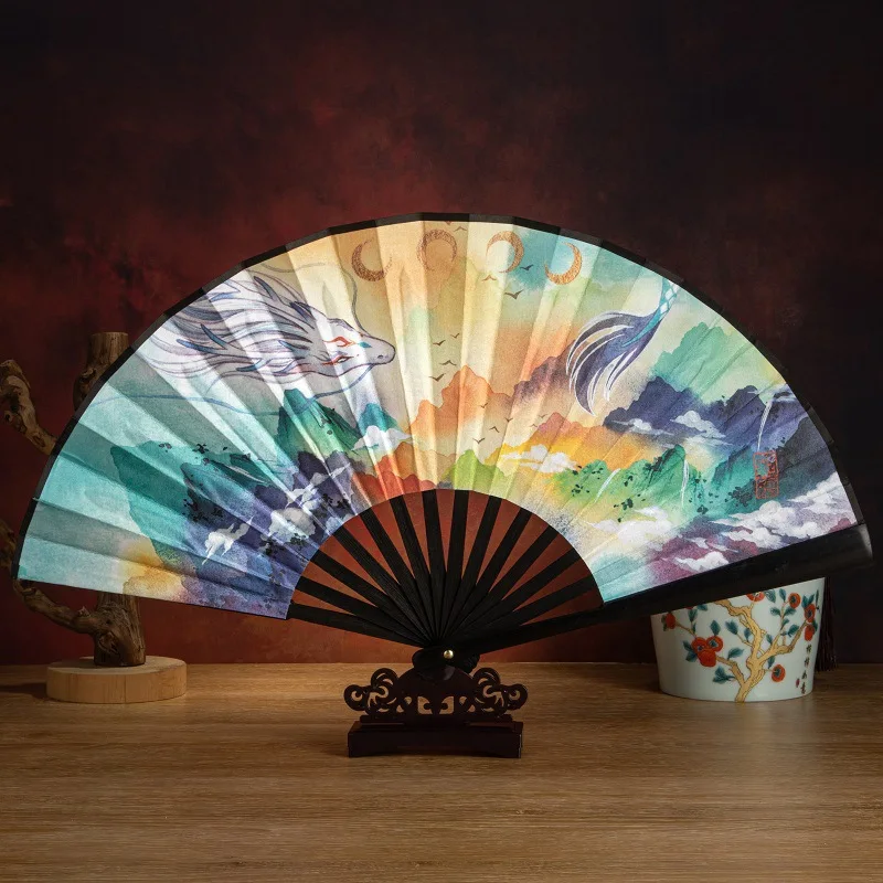 8-Inch Printed And Dyed Shanhaijing Folding Fan National Wind Models Chinese Style Double-Sided Silk Handheld Folding Fan