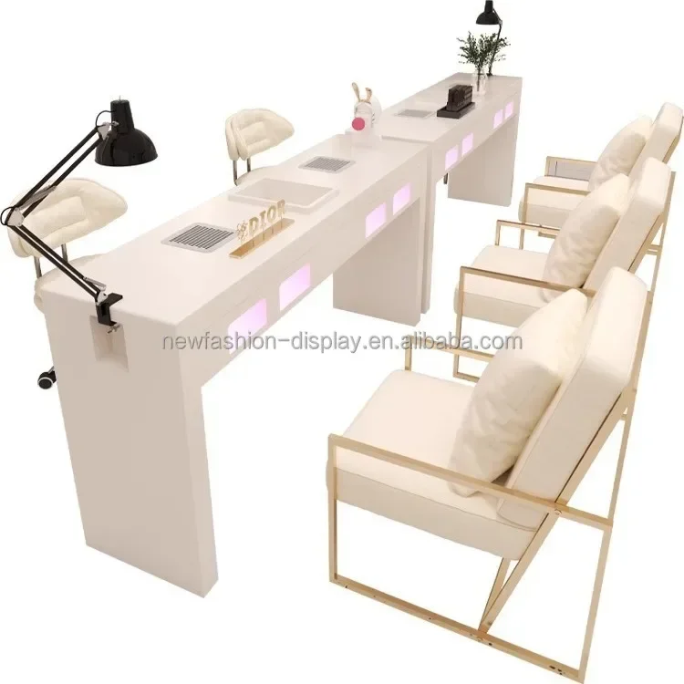 Cream Style Manicure Table and Chair Set Nail Tech Desk Manicure Table with Grill Lamp Socket Vacuum Cleaner