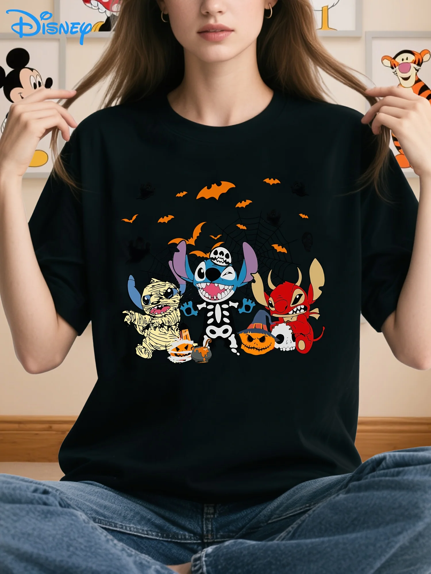 

Женская футболка с костюмом Disney Stitch & Friends на Хэллоуин — большие размеры с короткими рукавами и рисунком Stitch, Jumba, Gantu, Lilo & Stitch