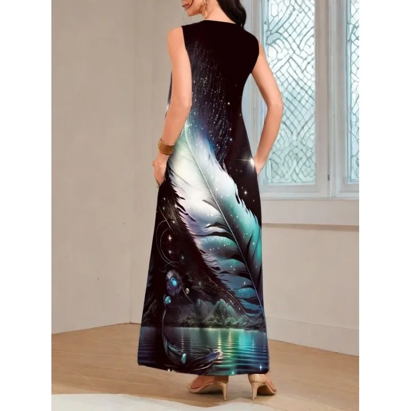 Elegant Dress with Starry Sky Feather Pattern Print, Casual Flower V-neck Sleeveless Beach Dress