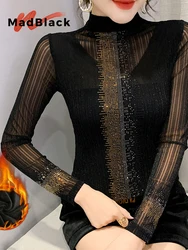 MadBlack, European Thicken Fleece T-Shirt, Sexy Women Turtleneck Diamond Top, Long Sleeve Slim Mesh Tee, Autumn Winter T40027CC