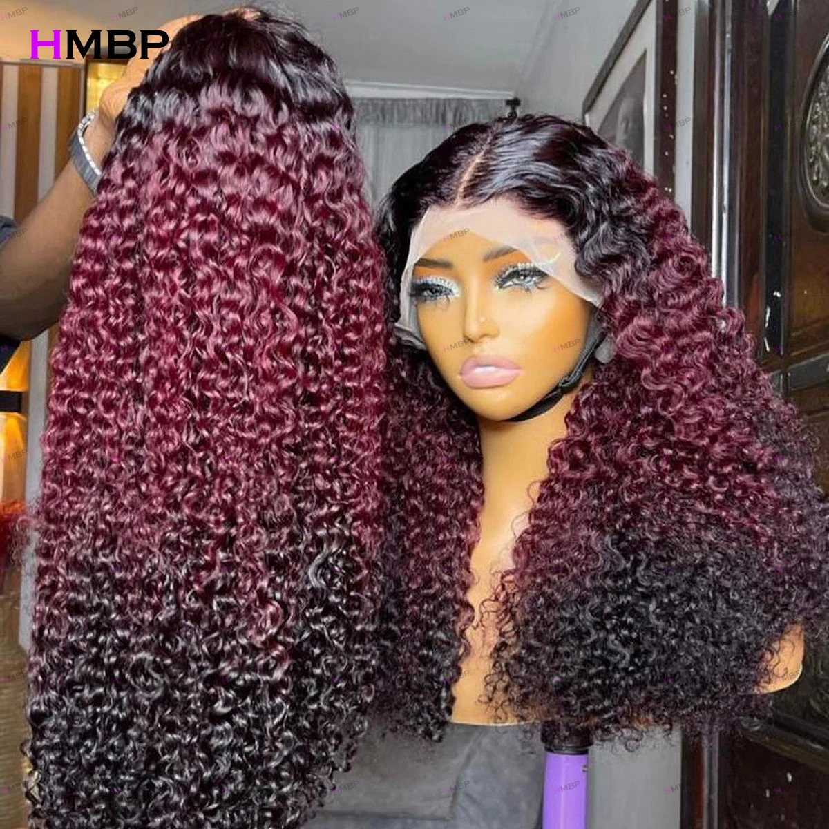 1B/99J/1B Ombre Color 400 Density Kinky Curly Glueless Lace Front Wig Human Hair Preplucked Hair 360/13×6 HD Lace Wig For Women