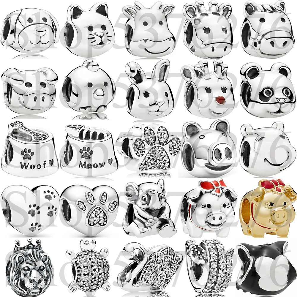 925 Sterling Silver Bead Woof Meow Cat Dog Cow Horse Rabbit Pig Chick Charm Fit Pandora Women Bracelet Bangle Gift DIY Jewelry