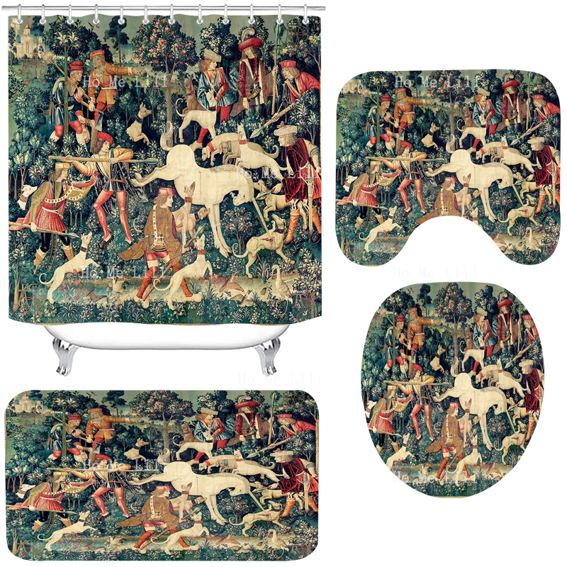 The Hanging Of Saint Etienne Scene The Lady And Unicorn Defends Itself Medieval Shower Curtain And Floor Mat Four-piece Set