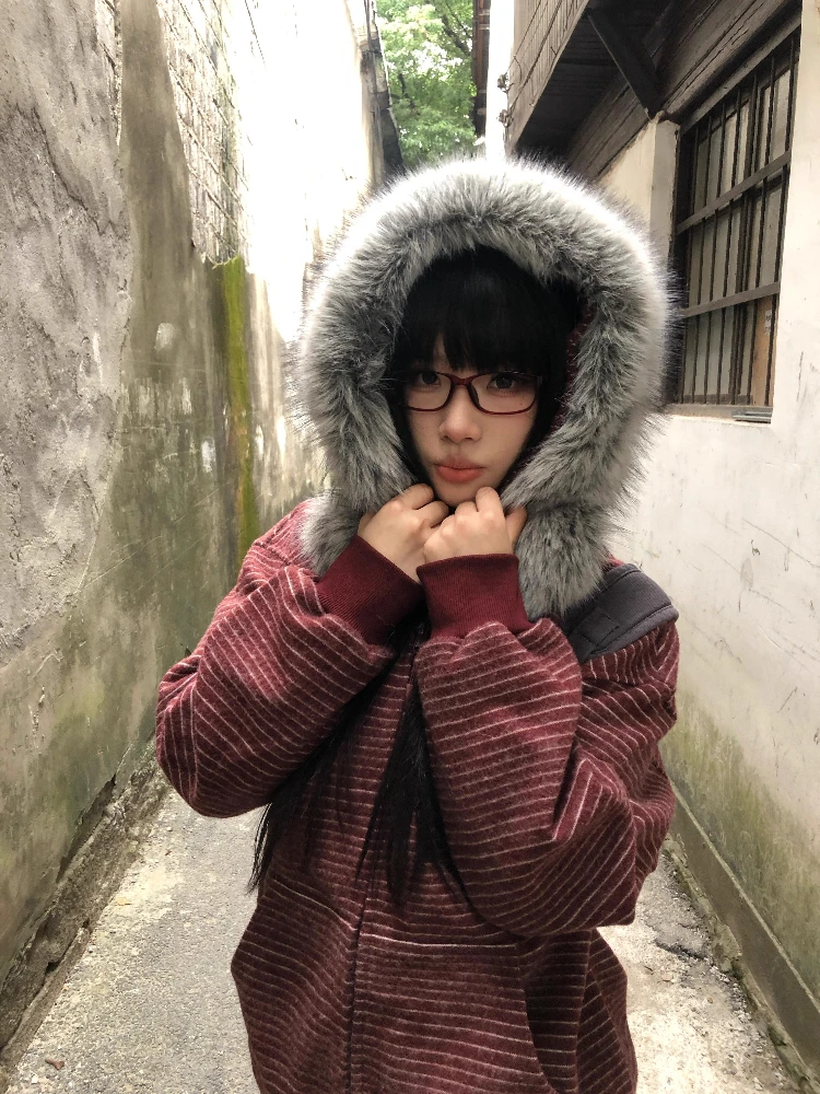 American Retro Fashion Striped Hooded Coat Women Casual Y2k Design Cardigan Jackets Harajuku 2000s Aesthetic Vintage Sweatshirts