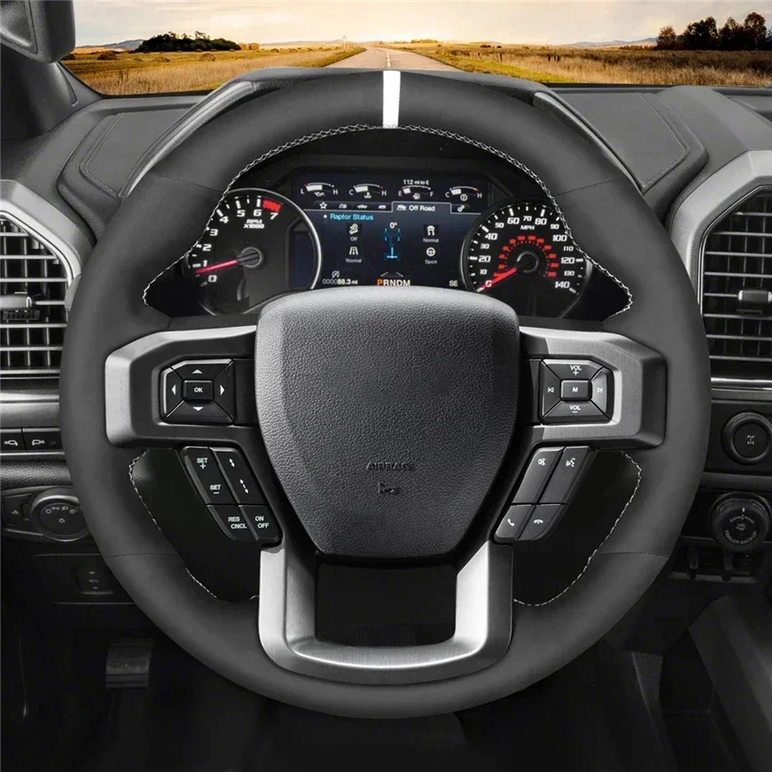 Black Artificial Suede Hand-stitched Soft Car Steering Wheel Cover for Ford F-150 Raptor 2015 2016 2017 2018 2019-2020