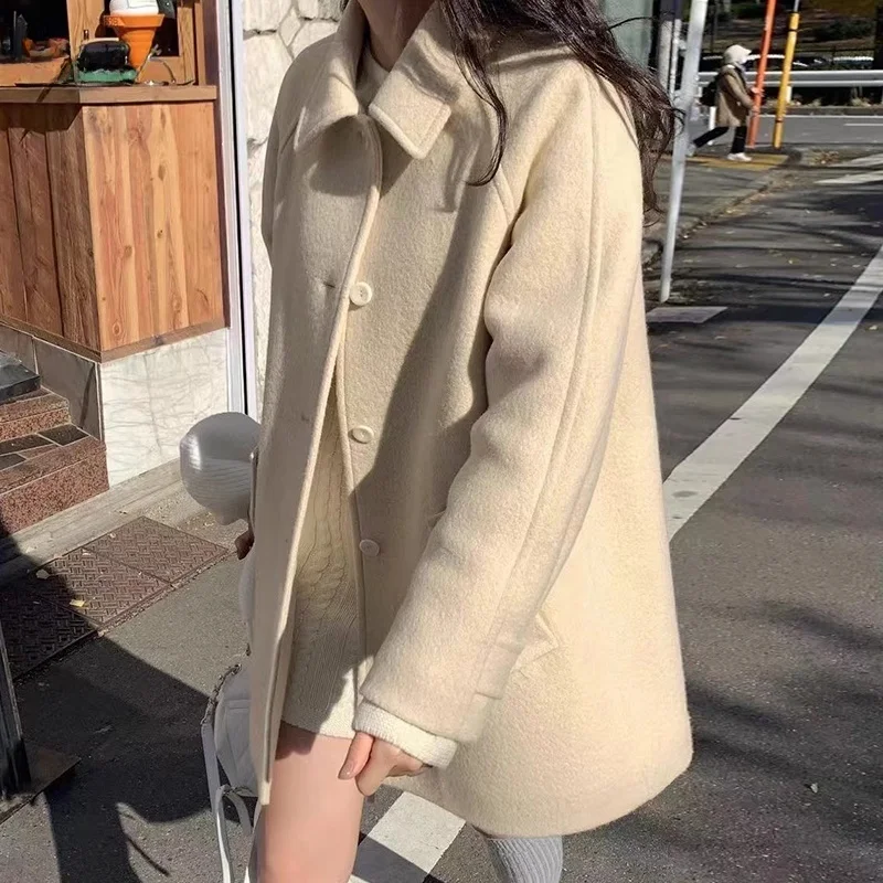Chic Winter Gentle Wind Single Button Loose Ba Split Design Small Size Woolen Coat for Women Korean Sle Straight Tube