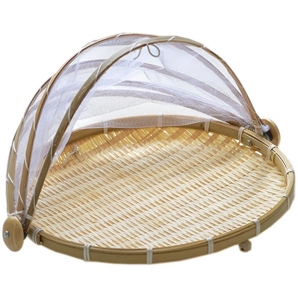 

Bamboo Woven Basket Round Small Size Fly Proof Food Cover Storage Kitchen Picnic Bread Fruit Vegetable Snack Container