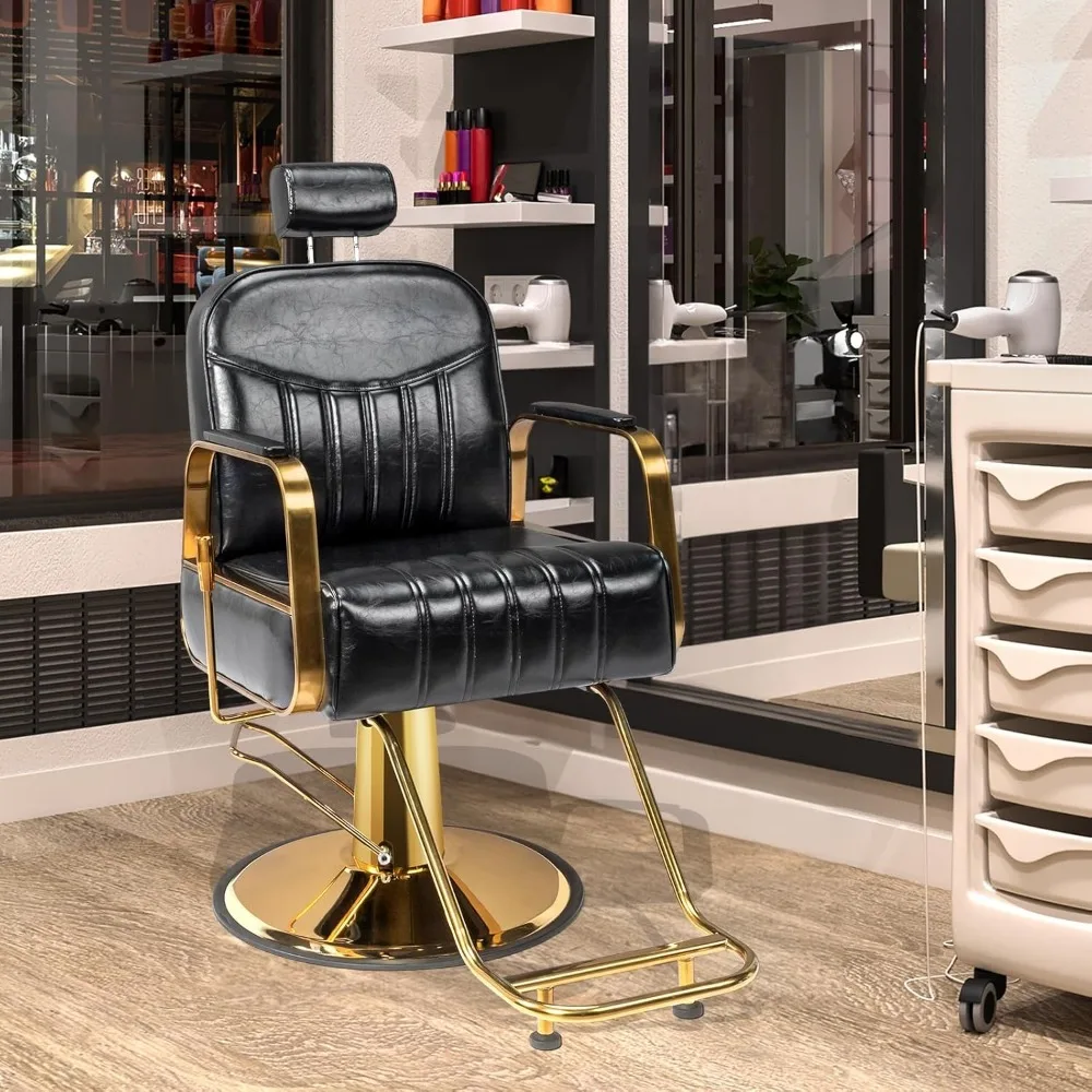 Barber Chair, Stylist Chairs for Salon, for Braiding Makeup Threading Waxing, Black & Gold Barber Chair Heavy Duty Hair Chair