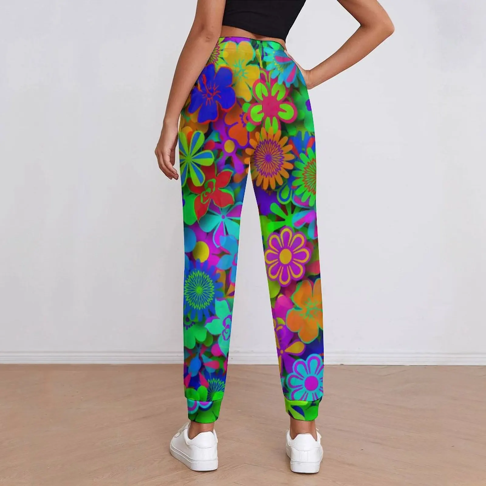 Cute Groovy Peace Jogger Pants Spring Flowers Garden Trendy Joggers Women Y2K Pattern Trousers Big Size