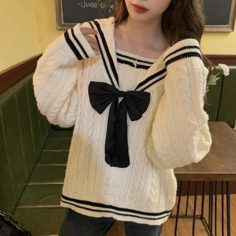 

Korean Style Sailor Collar White Knitted Sweater Women Fashion Oversize Long Sleeve Jumper Pullover Female Tops