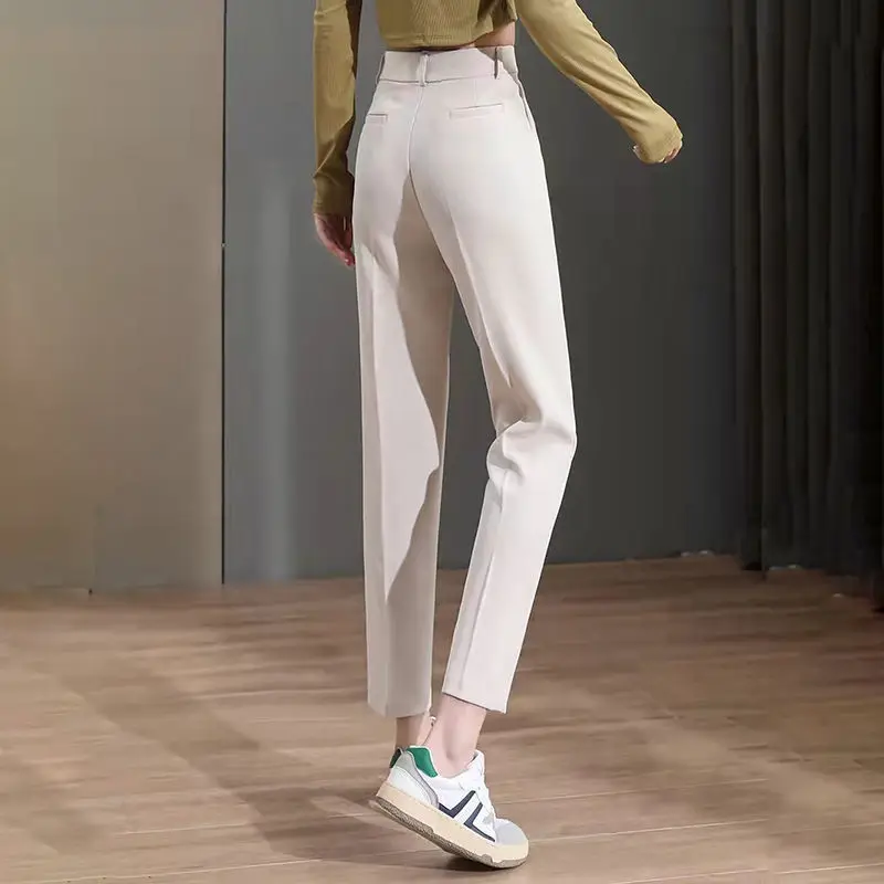 Spring Summer Office Lady Rice Apricot/black Nine Points Straight Trousers Womens All-match Button Patchwork Pockets Suit Pants