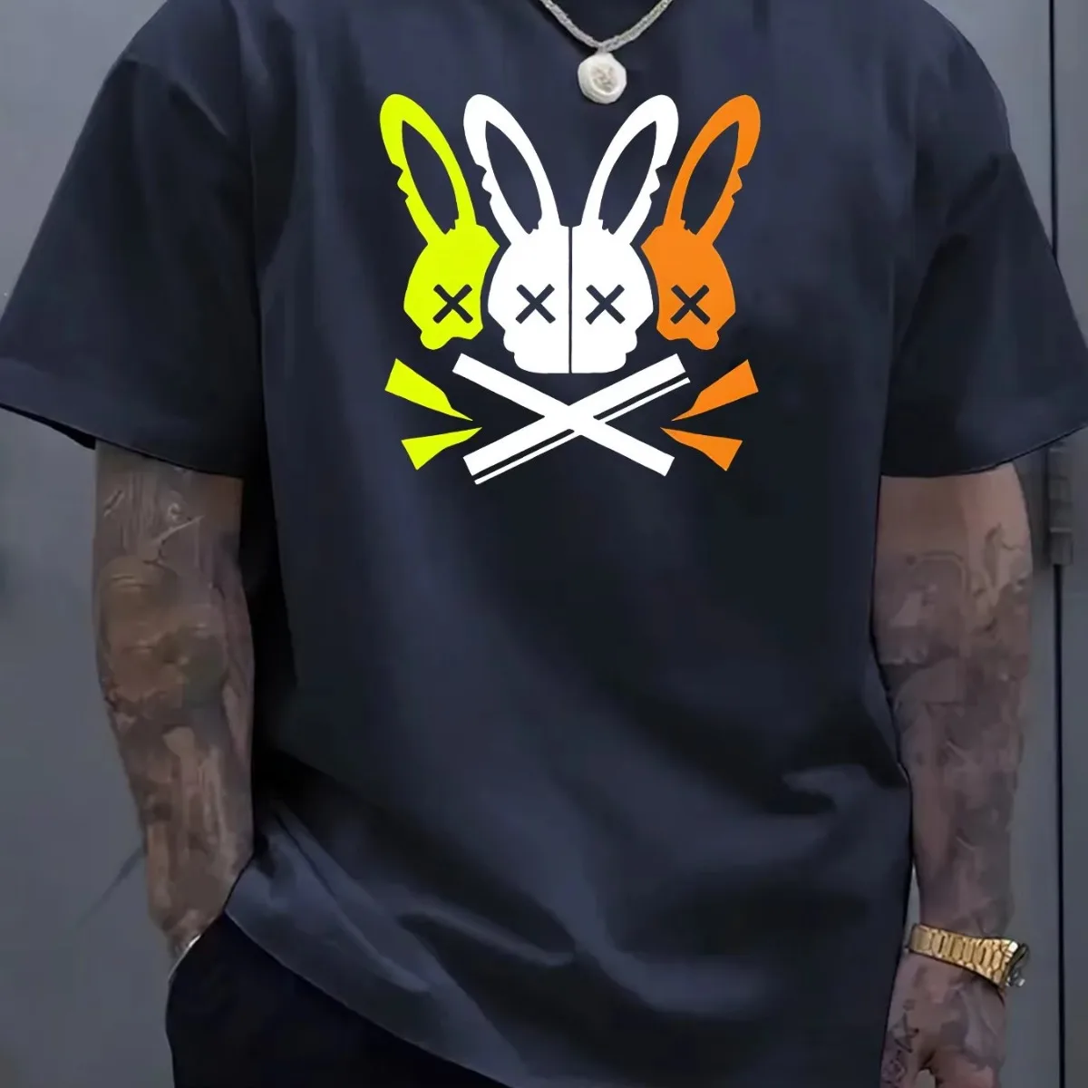 

Men's 100% cotton summer loose version big rabbit skull graphic print slim fit casual sports crew neck T-shirt