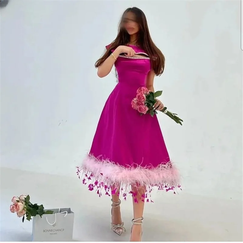 Vestido de graduación con plumas de cuello alto, vestido Formal elegante con lentejuelas, línea A, longitud de té de noche, rosa, moda