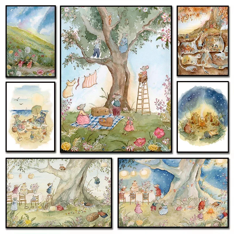 Multiple sizes 1pc frameless Canvas Painting,Vintage Watercolor Mice Apple Blossom Bedtime Stories Animals Illustration Poster C