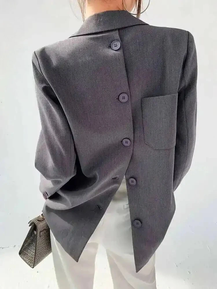 

Tide Designer Back Button Blazer For Women Gray Notched Long Sleeve Fashion Female Coat 2025 Spring New Clothing