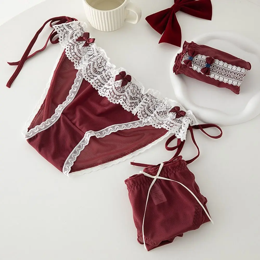 Sweet Cute Ruffles Lace Cotton Crotch Solid Color Mesh For Female Female Lingeries Middle Waist Thong Wine Red Panties Briefs