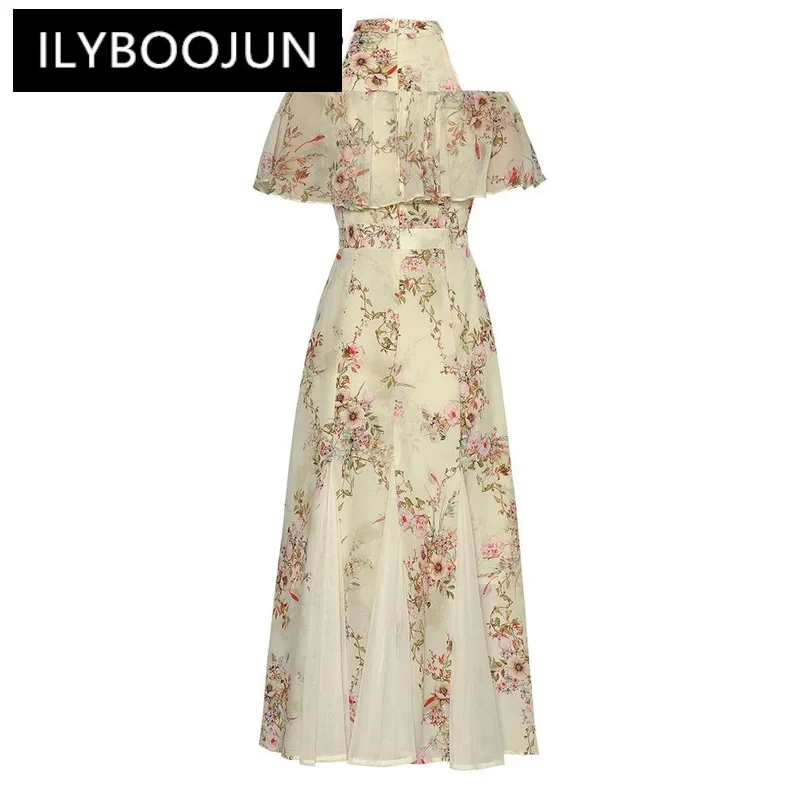 ILYBOOJUN Summer Fashion Runway Dress Women Grace Strapless Butterfly Sleeve Floral Print Chiffon Tunics Button Princess Dresses