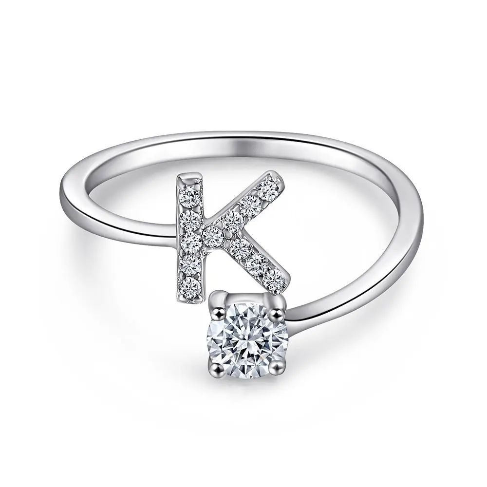 Women's Adjustable Initial Ring with Cubic Zirconia, Stackable Gift