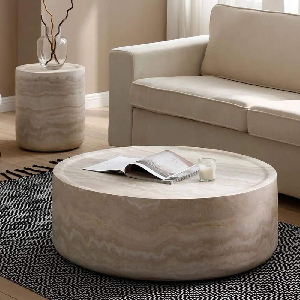 

ø31.5'' Round Stone Coee Table or Living Room, ern Drum Circle aux Concrete Marble Coee Table, iber Glass Material, No Assembly