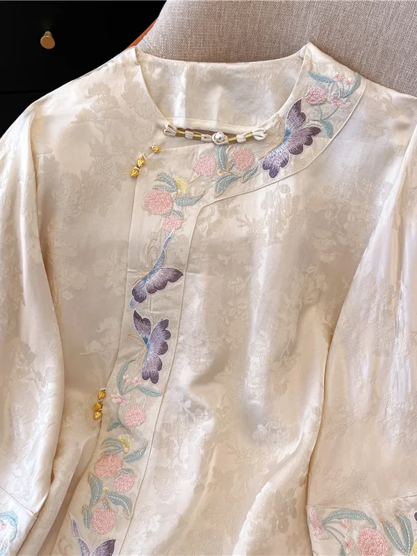 

New Chinese Sle Embroidered Silk Satin Women's irt Spring Autumn High Faion Meat Concealing Slimming Trendy Top