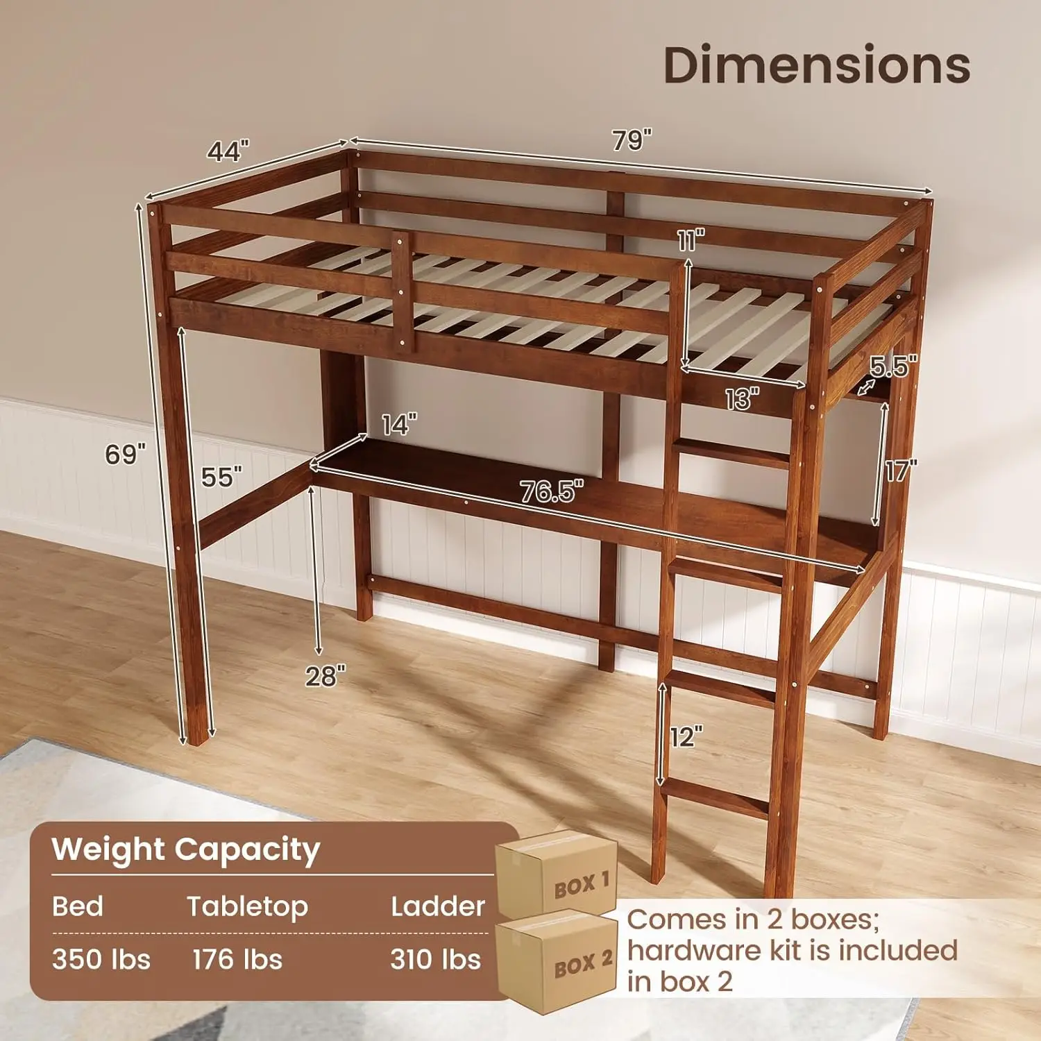 Lit mezzanine double en bois massif avec bureau et étagère, doté de rail de sécurité et d'échelle sur toute la longueur pour un design peu encombrant