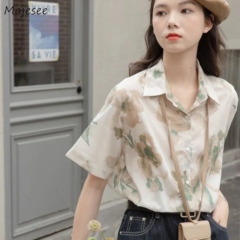 

Vintage Floral Shirts Women Loose New Summer Short-sleeve Chic Streetwear BF Literary Leisure All-match Harajuku Y2k Popular Ins