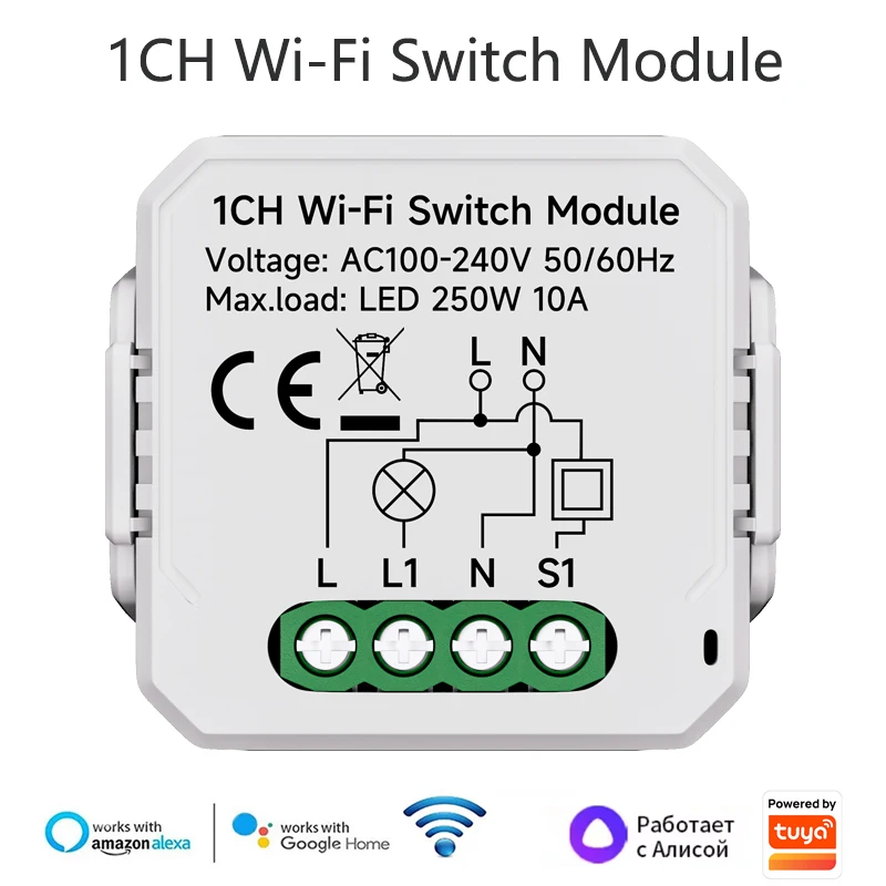 Tuya Wifi Smart Switch Module Supports 2 Way Control, Smart Life Control DIY Light Breaker 100-240V Work with Alexa Google Home