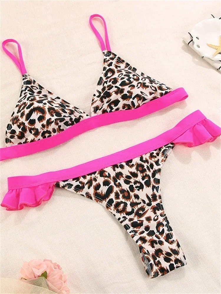 Miyouj-Bikini de leopardo para Mujer, traje de baño de dos piezas con cordón, traje de baño con volantes, Bikini Sexy para Mujer, tangas, ropa de playa de verano